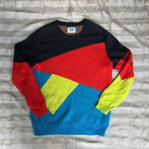 VINTAGE 80's ABSTRACT BLUE SQUARES SKIING SWEATER